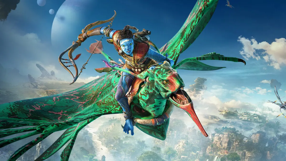 A Na'vi rider soaring over Pandora on an ikran in Avatar: Frontiers of Pandora