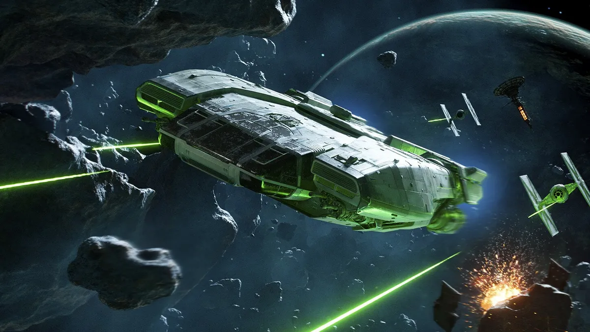 The Trailblazer ship flying through an asteroid field in Star Wars Outlaws